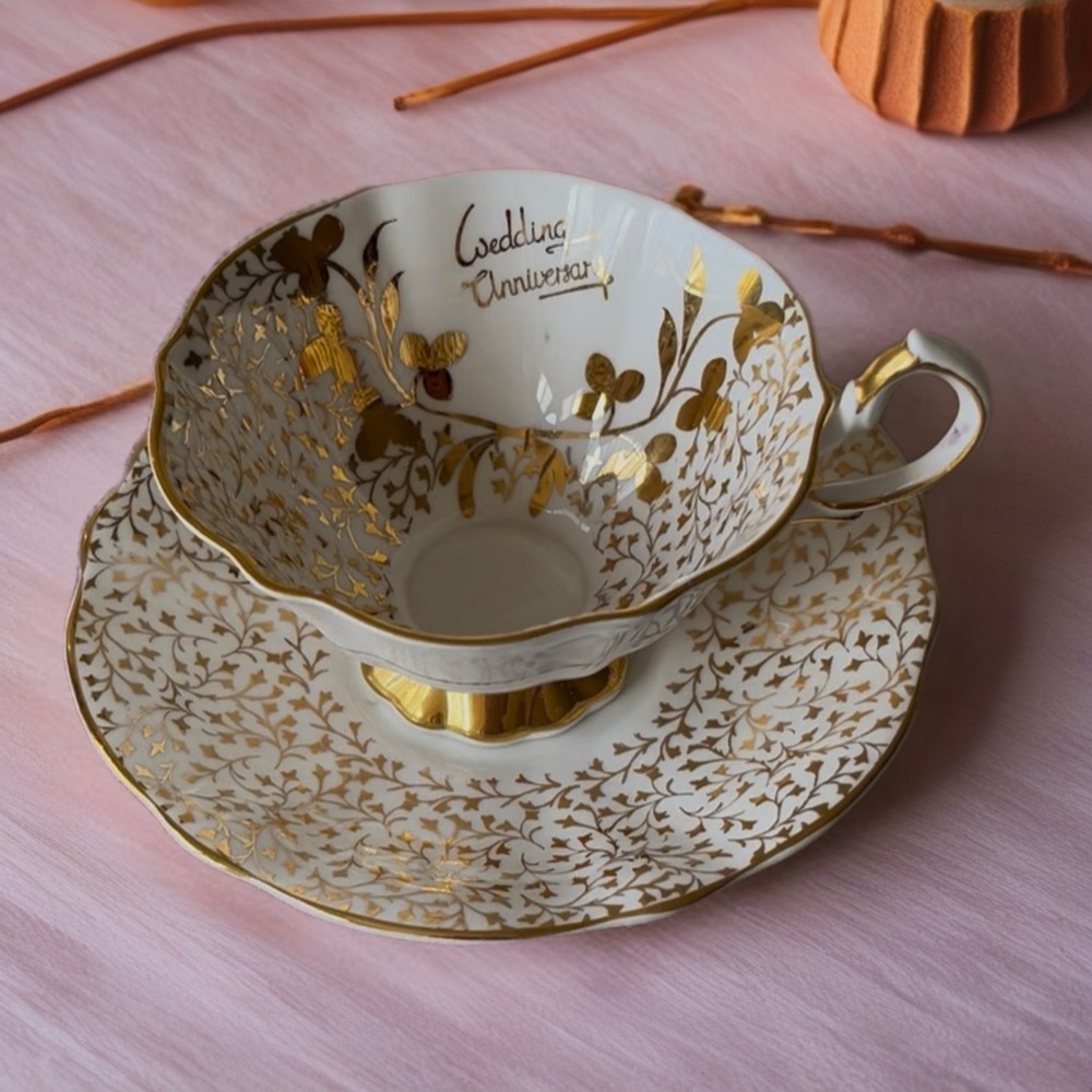 ⭐️HP⭐️Vintage Queen Anne Bone China and Wedding Anniversary Teacup and Saucer